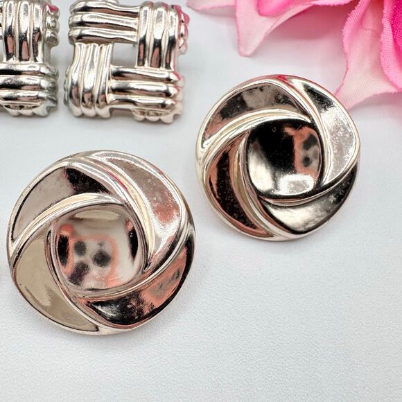 Vintage Earring Lot 3 Pair 90s Silver Tone Knot Basketweave Swirl Stud Chic - Picture 4 of 10